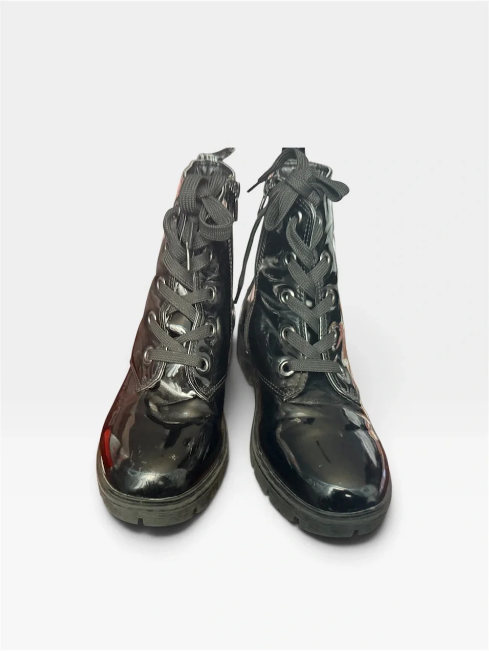 DKNY Black Patent Lace-Up Combat Boots with Red Heart Logo
